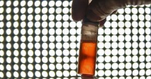 Gloved hand holding a small vial of amber colored solution up against an illuminated laboratory light panel