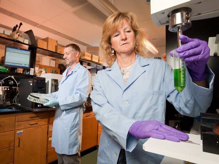 Two scientists in lab coats preparing samples for high performance liquid chromatography analysis