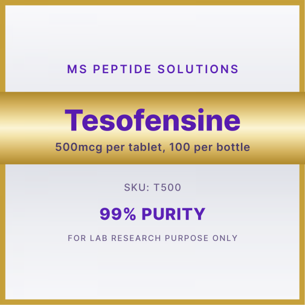 MS Peptide Solutions label for Tesofensine 500mcg/tablet 100/bottle, SKU T500