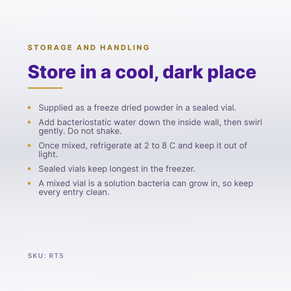 Storage and handling for Retatrutide 5mg (SKU RT5): how to store the vial and keep it stable