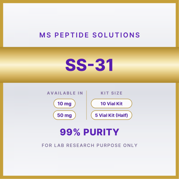 MS Peptide Solutions label for SS-31, available in 10 mg, 50 mg in 10 Vial Kit or 5 Vial Kit (Half)