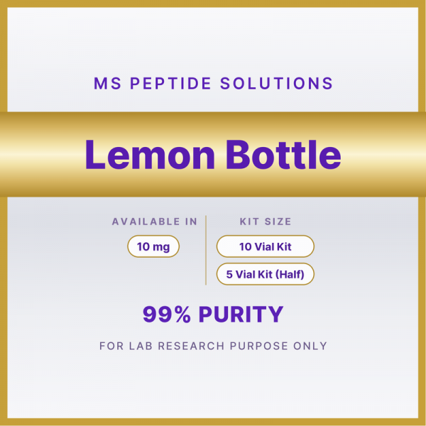 MS Peptide Solutions label for Lemon Bottle, available in 10 mg in 10 Vial Kit or 5 Vial Kit (Half)