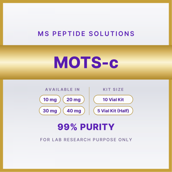 MS Peptide Solutions label for MOTS-c, available in 10 mg, 20 mg, 30 mg, 40 mg in 10 Vial Kit or 5 Vial Kit (Half)