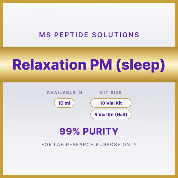 Relaxation PM (sleep) product label MS Peptide Solutions label for Relaxation PM (sleep), available in 10 ml in 10 Vial Kit or 5 Vial Kit (Half)
